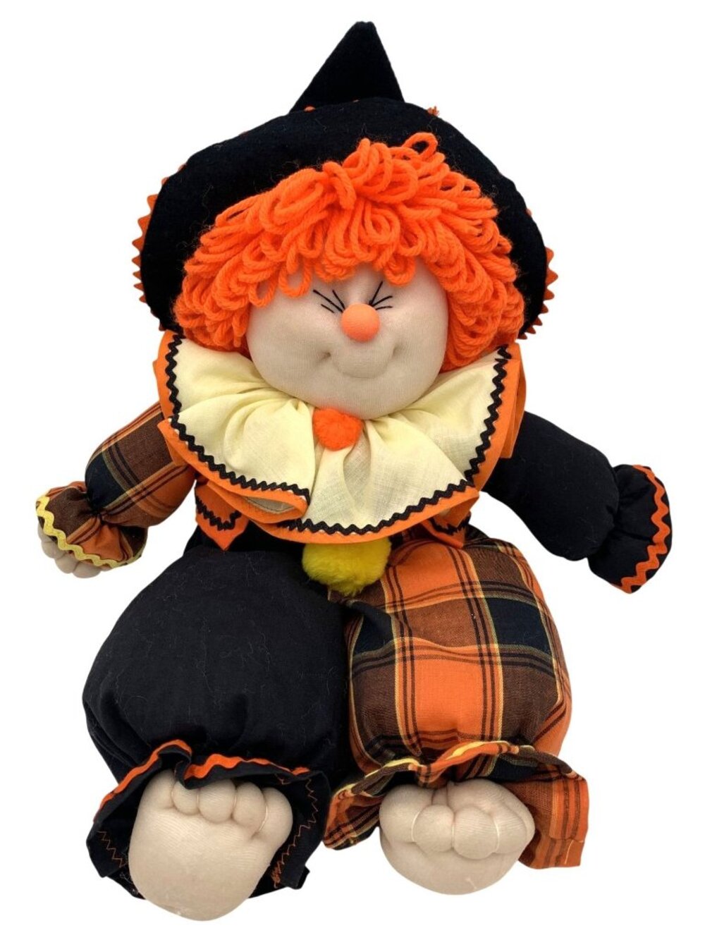 Vintage Halloween Witch Soft Doll With Orange Plaid & Black Outfit Yarn Hair 16"